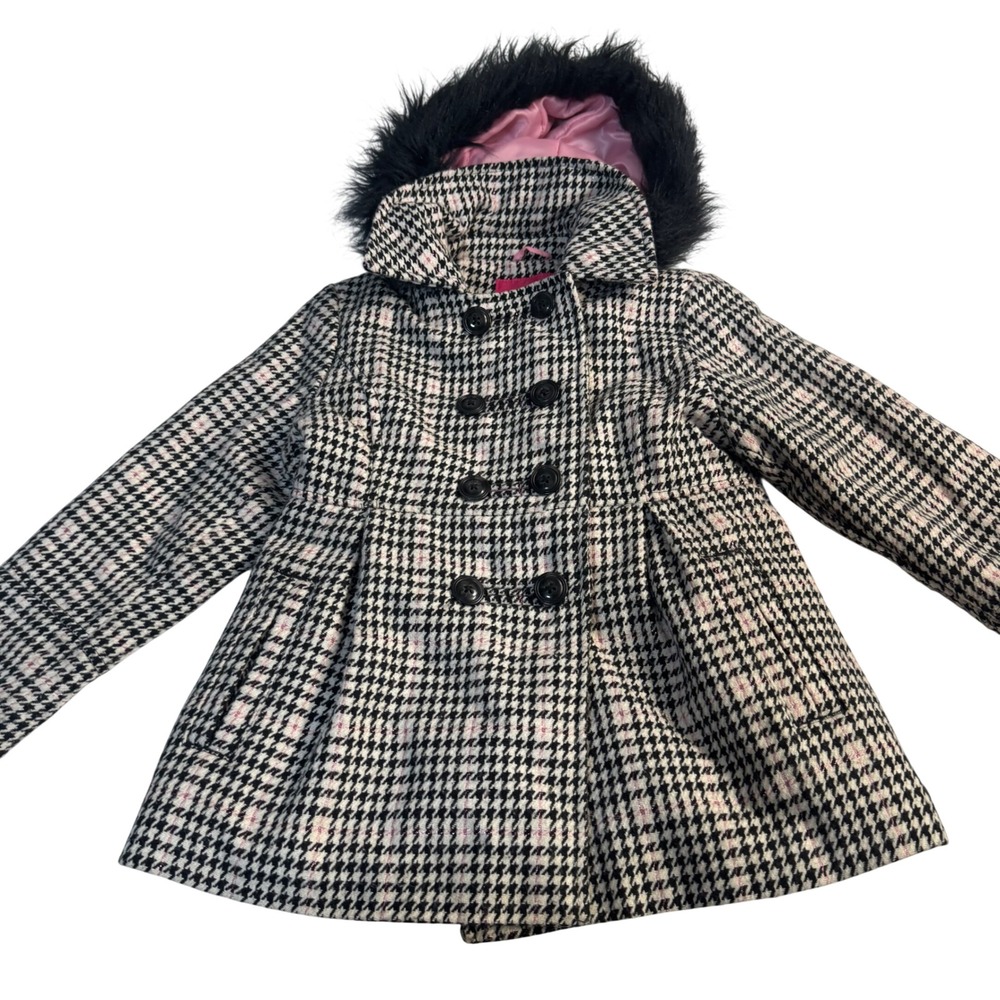 London Fog Girls Houndstooth Pea Coat Faux Fur Hood Pink Lining Size M 5-6